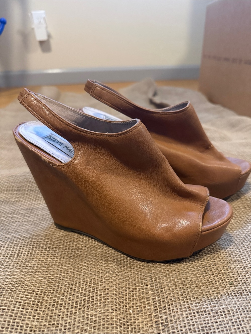 Steve Madden Tan Leather Peep-Toe Wedge Slingback Heels